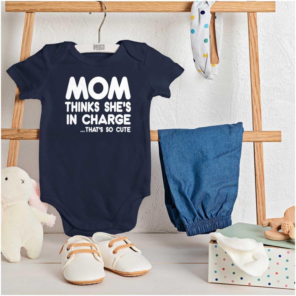 imageBrisco Brands Mom Thinks Shes in Charge Funny Baby Romper Boys or GirlsNavy