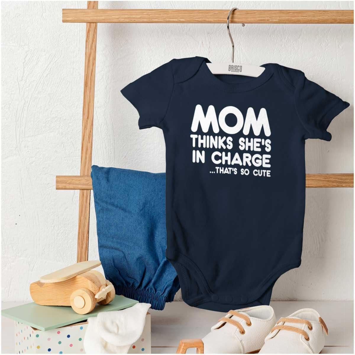 imageBrisco Brands Mom Thinks Shes in Charge Funny Baby Romper Boys or GirlsNavy