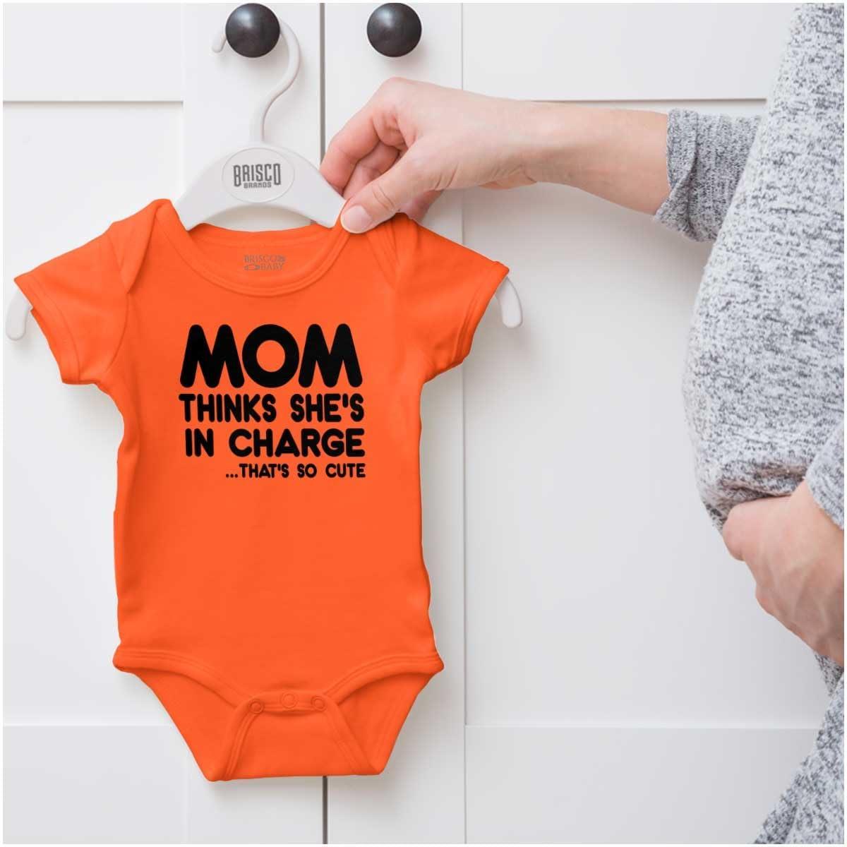 imageBrisco Brands Mom Thinks Shes in Charge Funny Baby Romper Boys or GirlsOrange