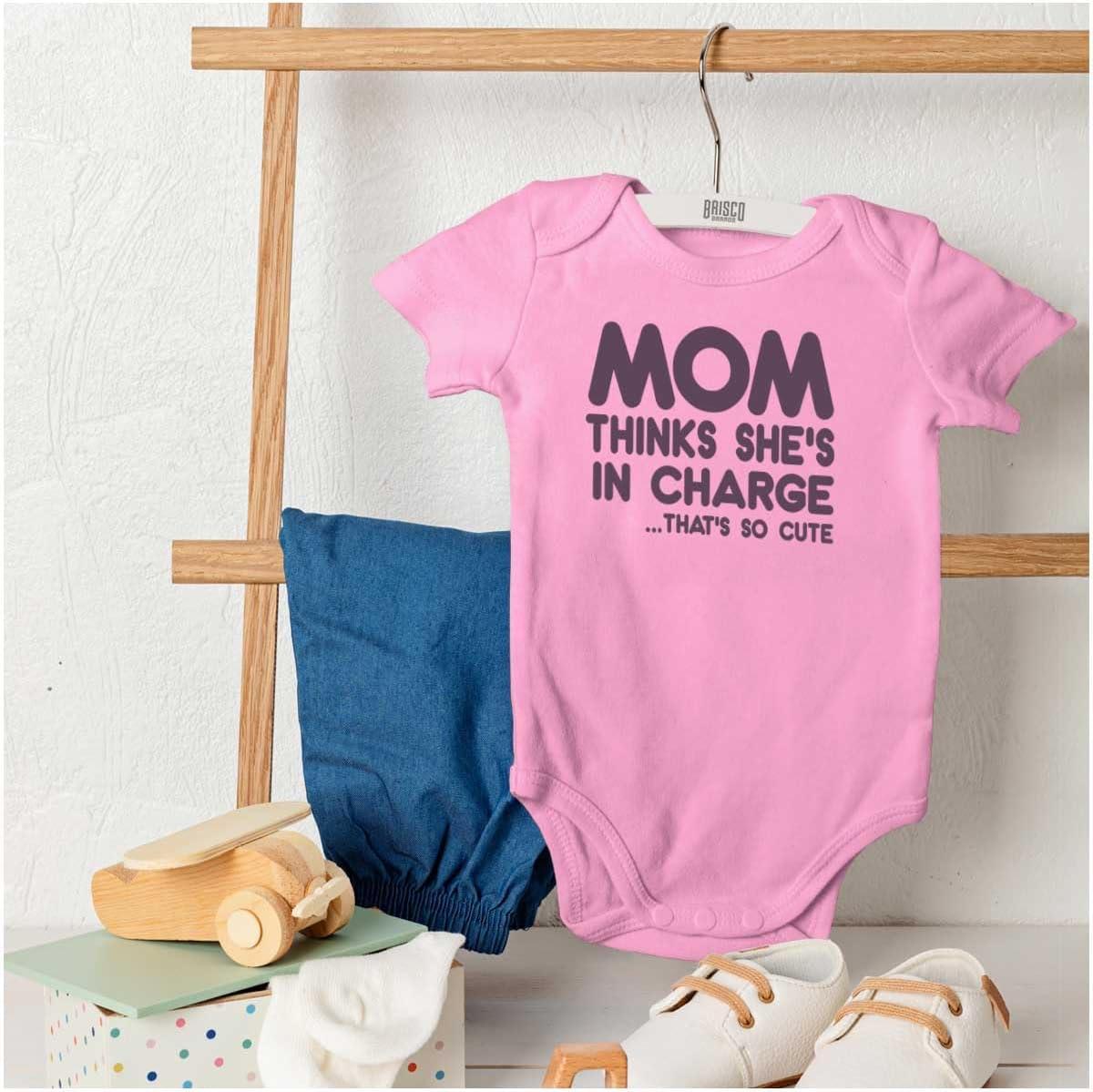 imageBrisco Brands Mom Thinks Shes in Charge Funny Baby Romper Boys or GirlsPink