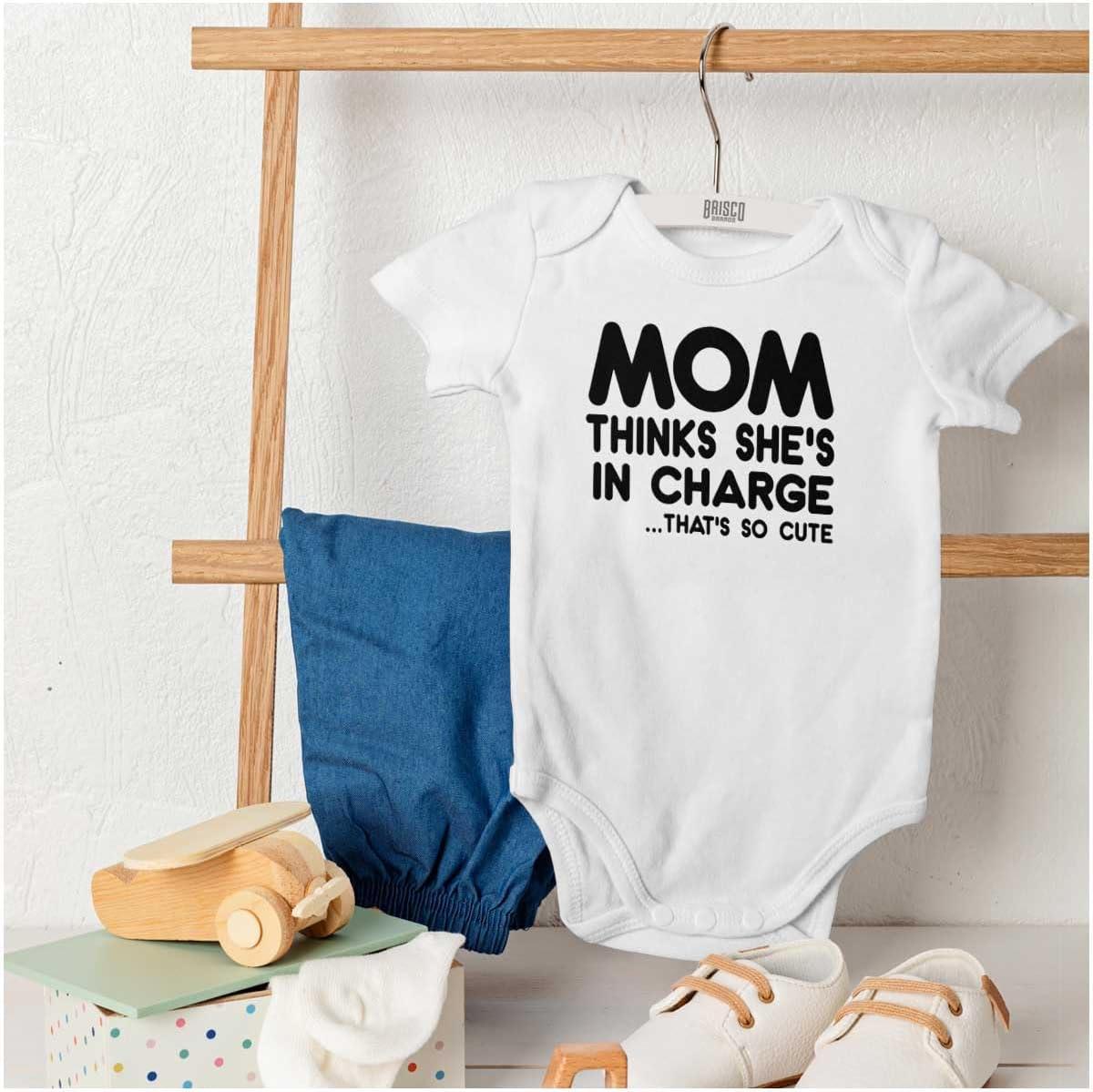 imageBrisco Brands Mom Thinks Shes in Charge Funny Baby Romper Boys or GirlsWhite