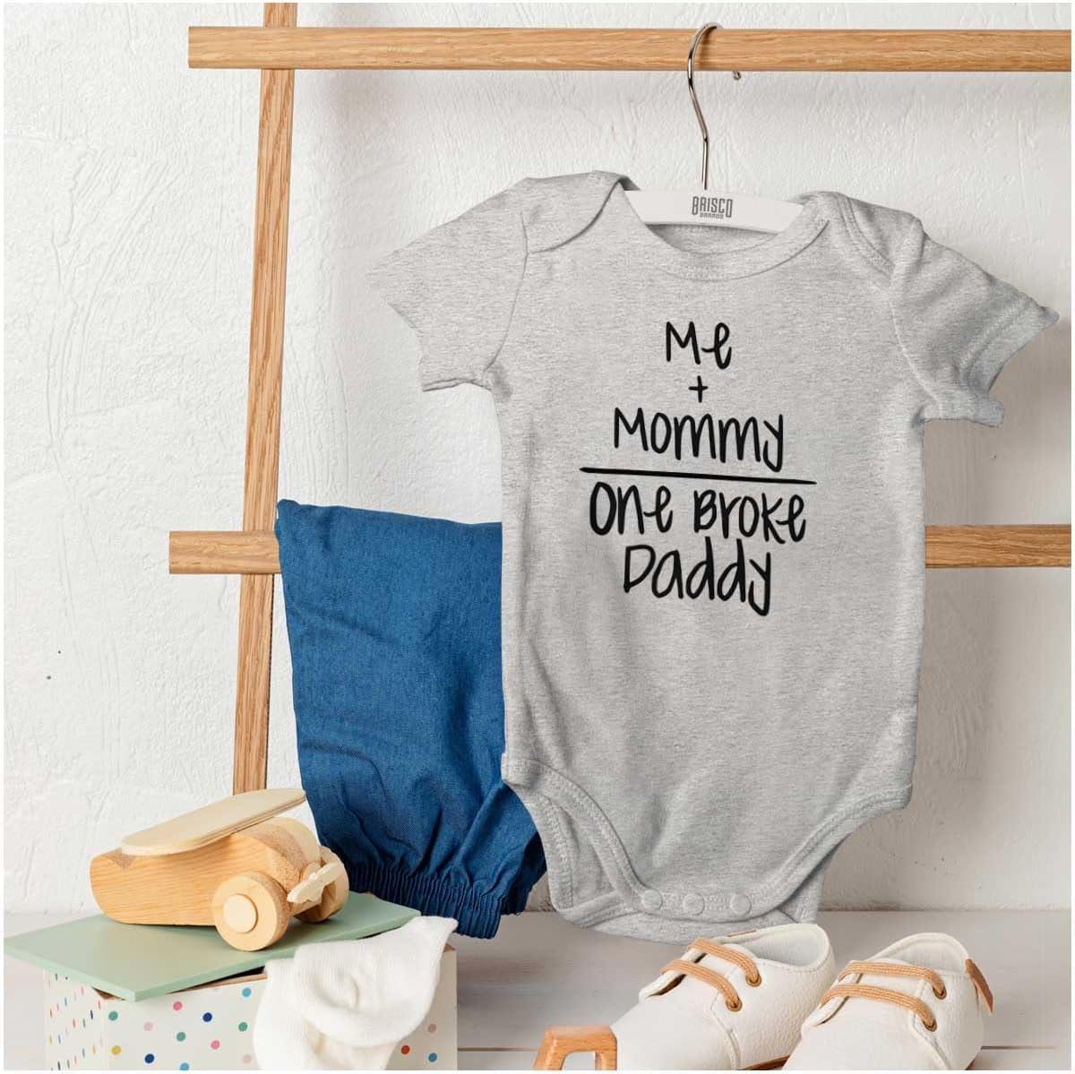 imageBrisco Brands Mommy Plus Me Equals One Broke Daddy Baby Romper Boys or GirlsHeather