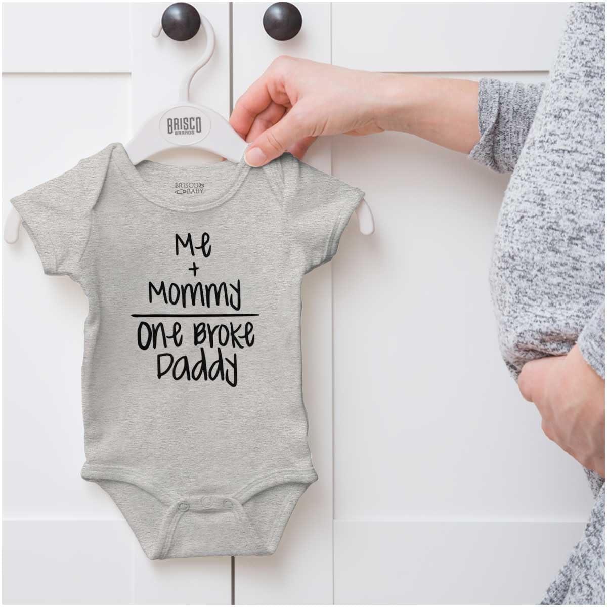 imageBrisco Brands Mommy Plus Me Equals One Broke Daddy Baby Romper Boys or GirlsHeather