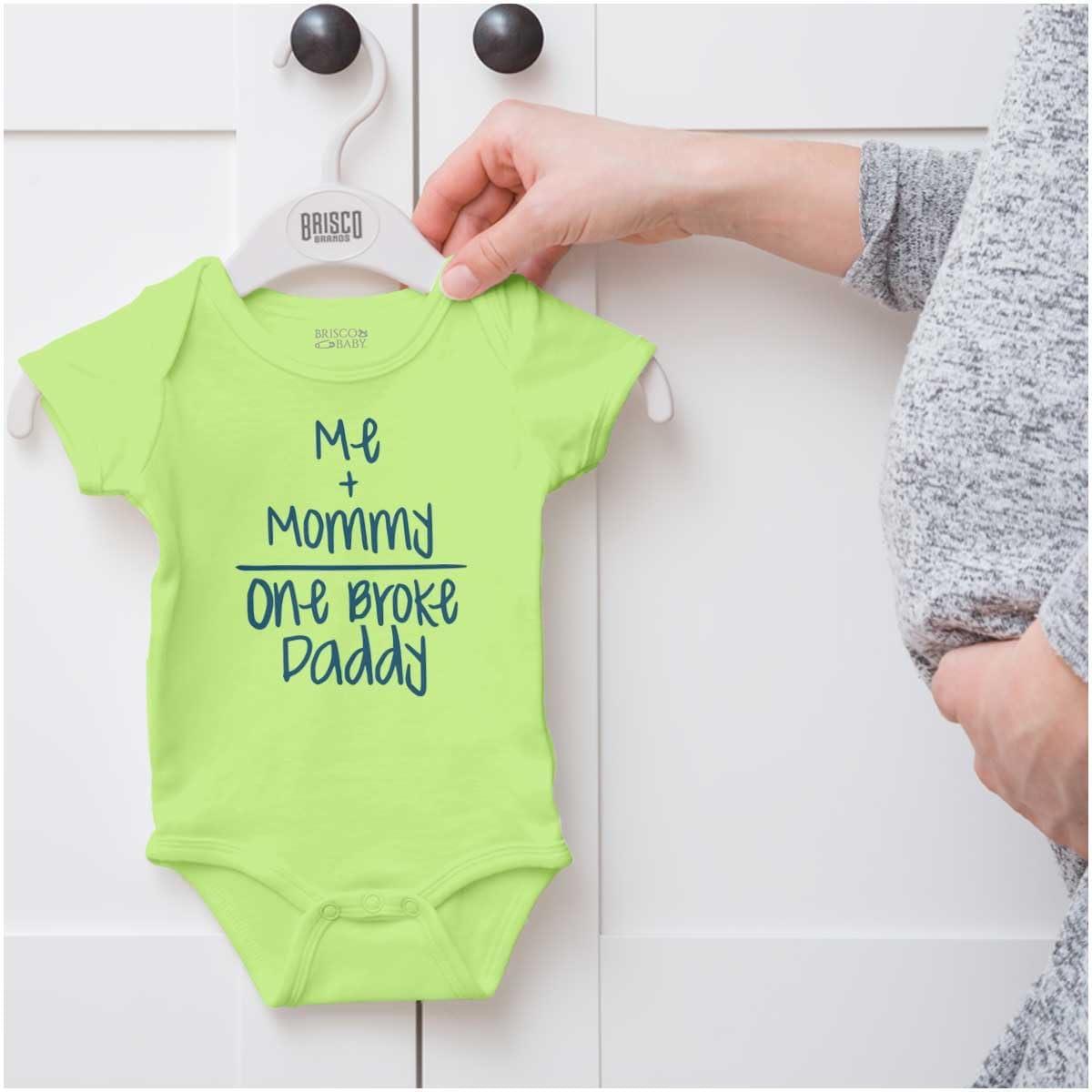 imageBrisco Brands Mommy Plus Me Equals One Broke Daddy Baby Romper Boys or GirlsKey Lime