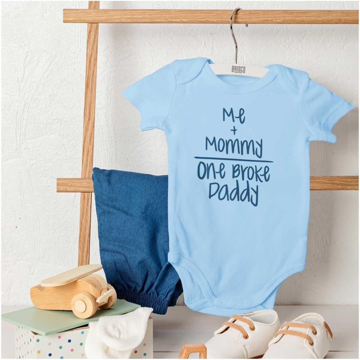 imageBrisco Brands Mommy Plus Me Equals One Broke Daddy Baby Romper Boys or GirlsLight Blue