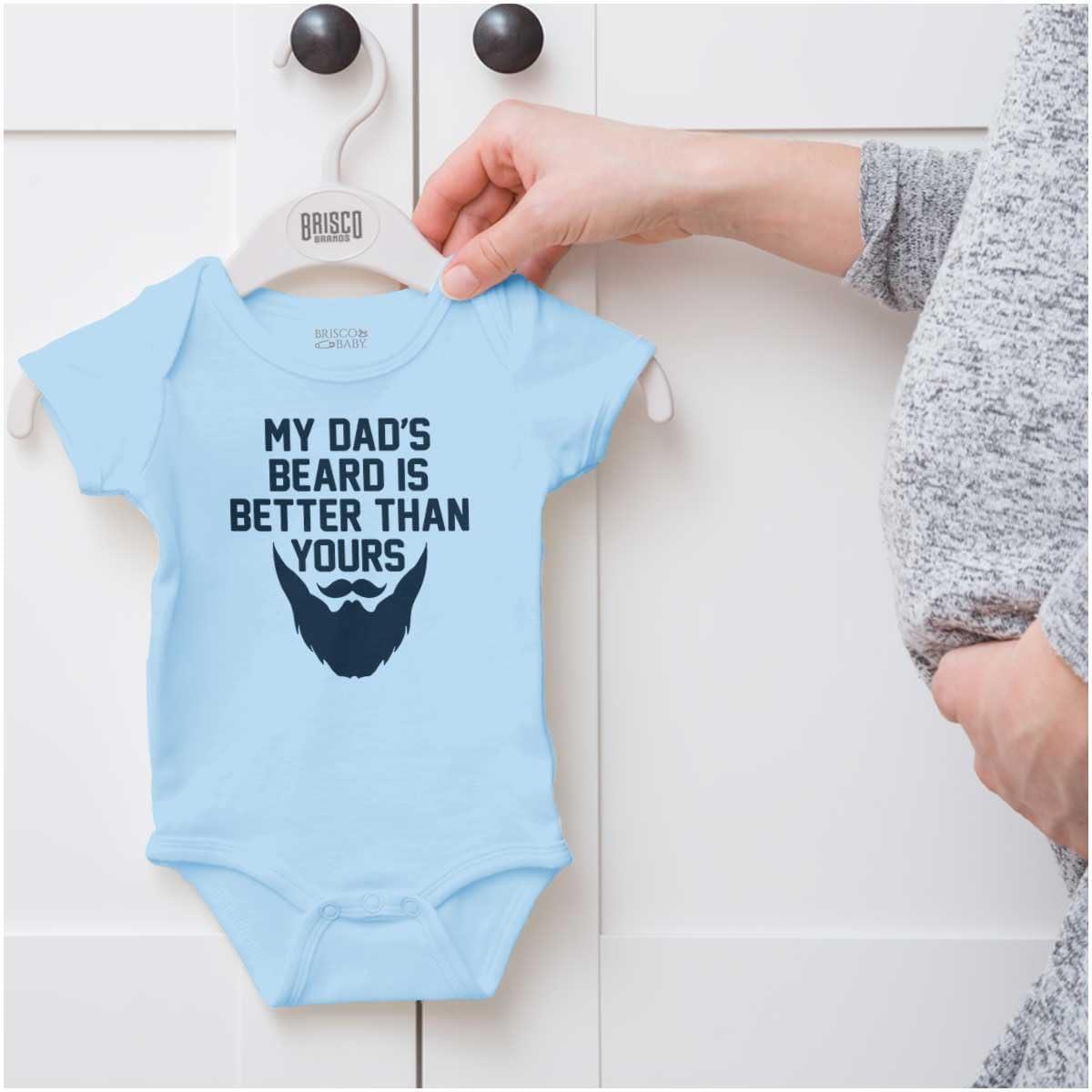 imageBrisco Brands My Dads Beard is Better Than Yours Baby Romper Boys or GirlsLight Blue