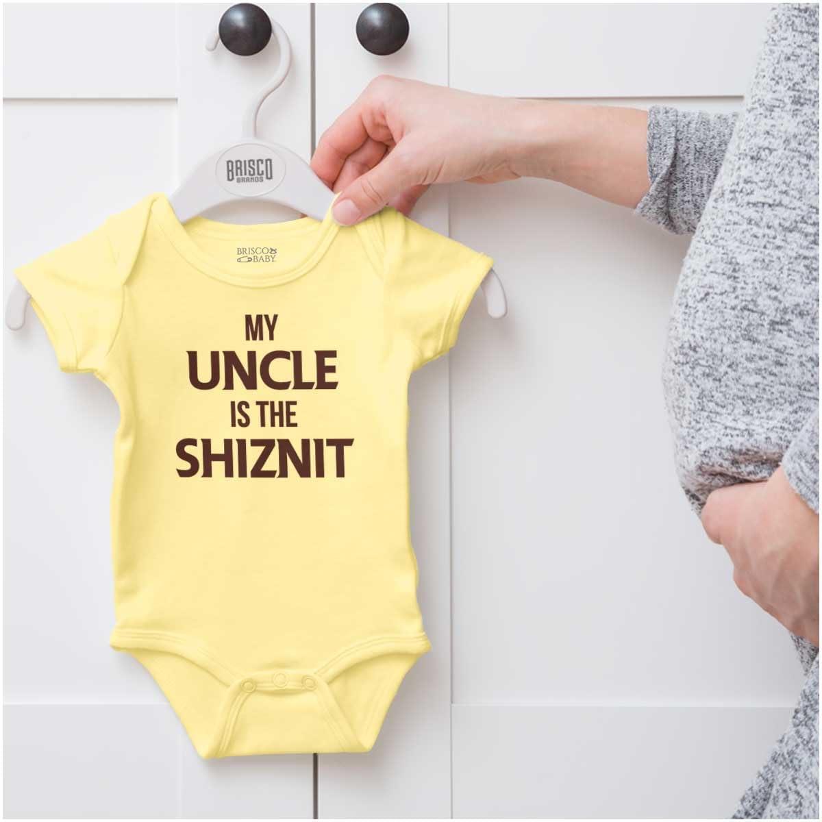 imageBrisco Brands My Uncle Is The Shiznit Baby Romper Boys or GirlsBanana
