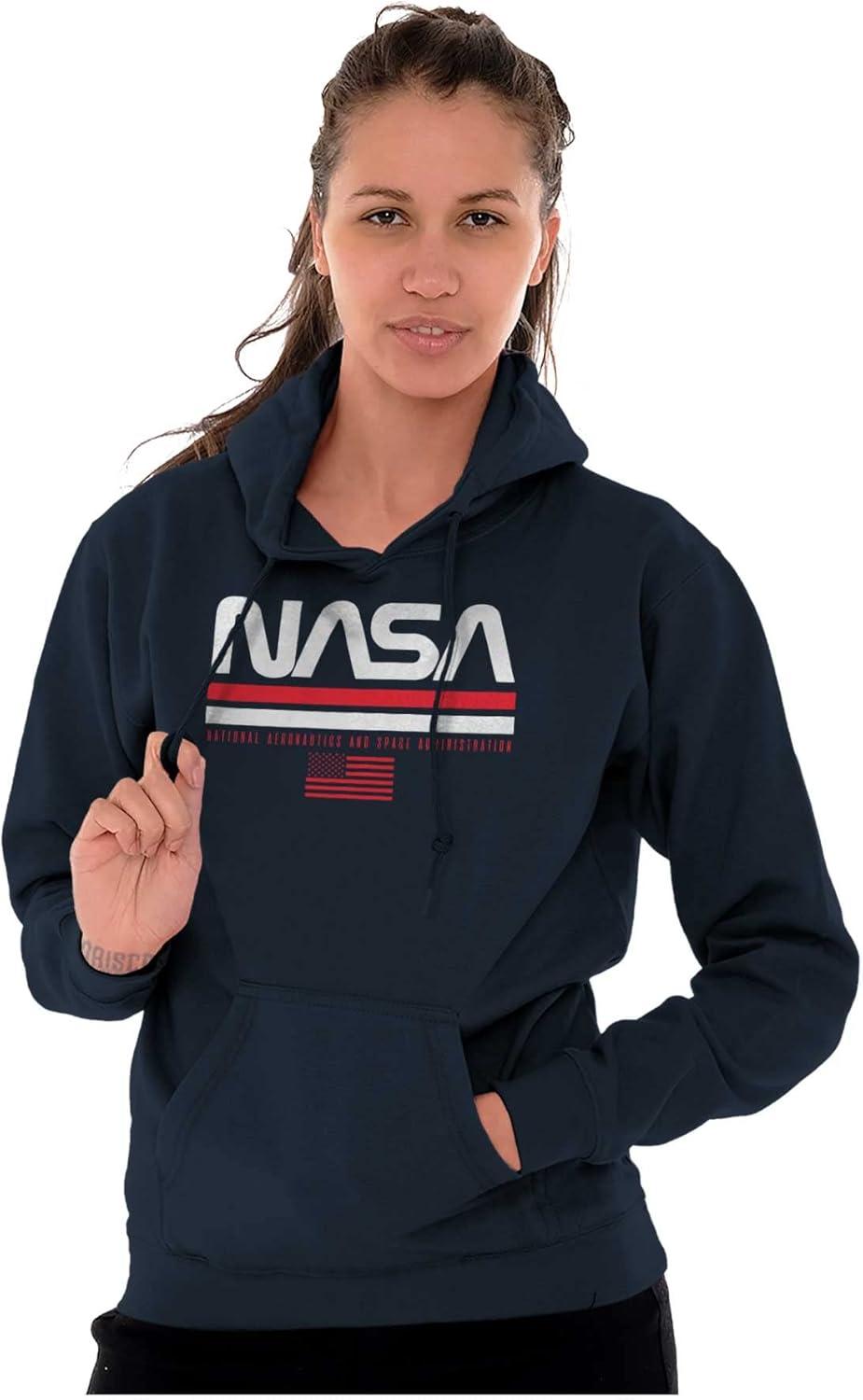 imageBrisco Brands NASA Retro Worm Logo American Flag Hoodie Sweatshirt Women MenNavy