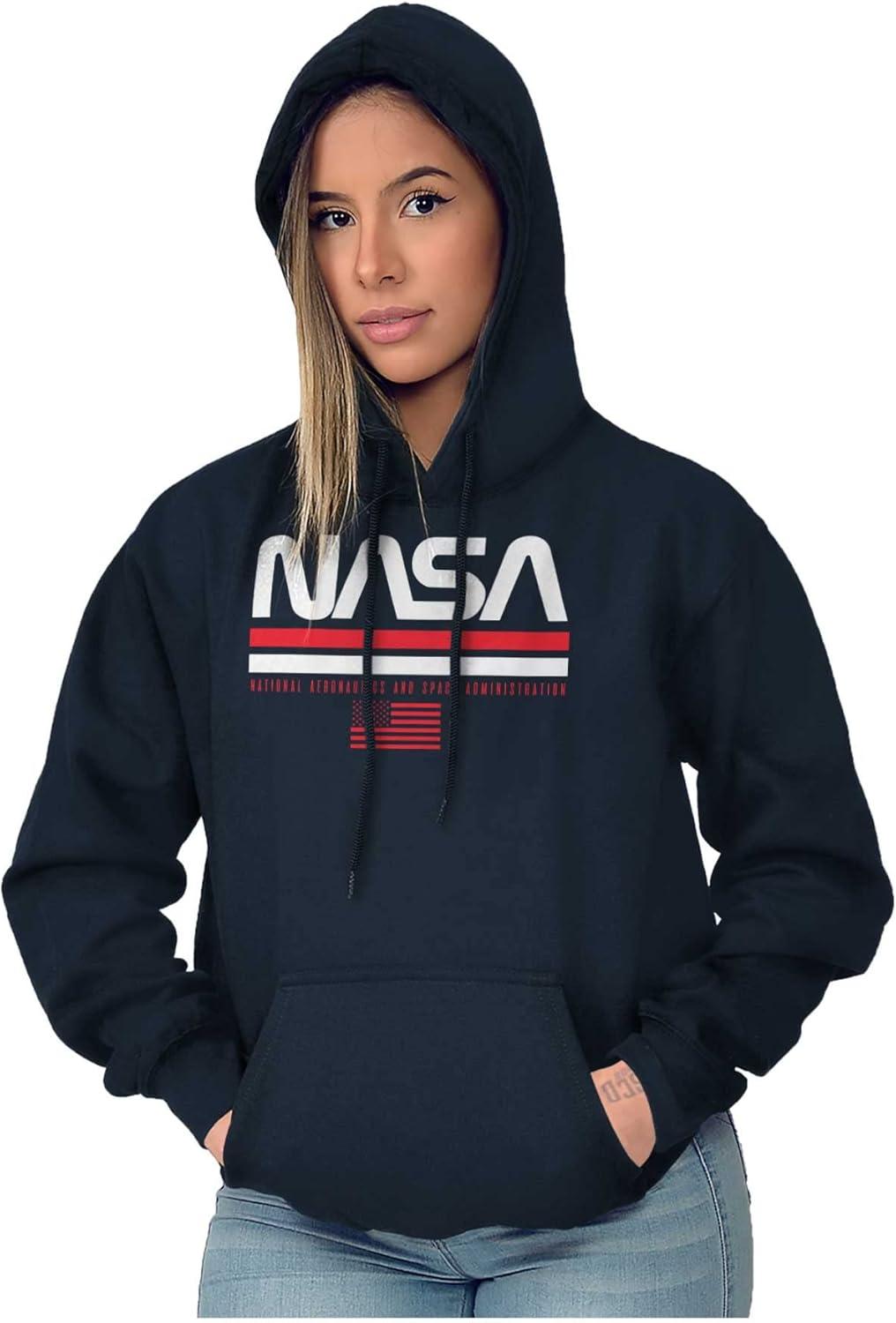 imageBrisco Brands NASA Retro Worm Logo American Flag Hoodie Sweatshirt Women MenNavy