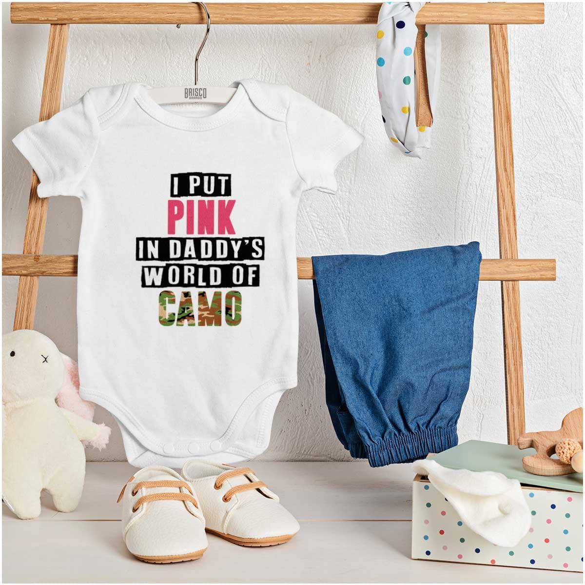 imageBrisco Brands Pink in Daddys World of Camo Hunter Baby Bodysuit Jumper GirlsWhite