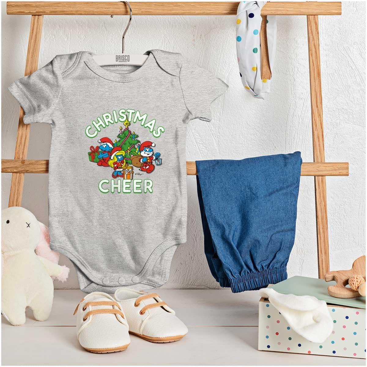 imageBrisco Brands Smurfs Holiday Christmas Cheer Baby Romper Boys or GirlsHeather