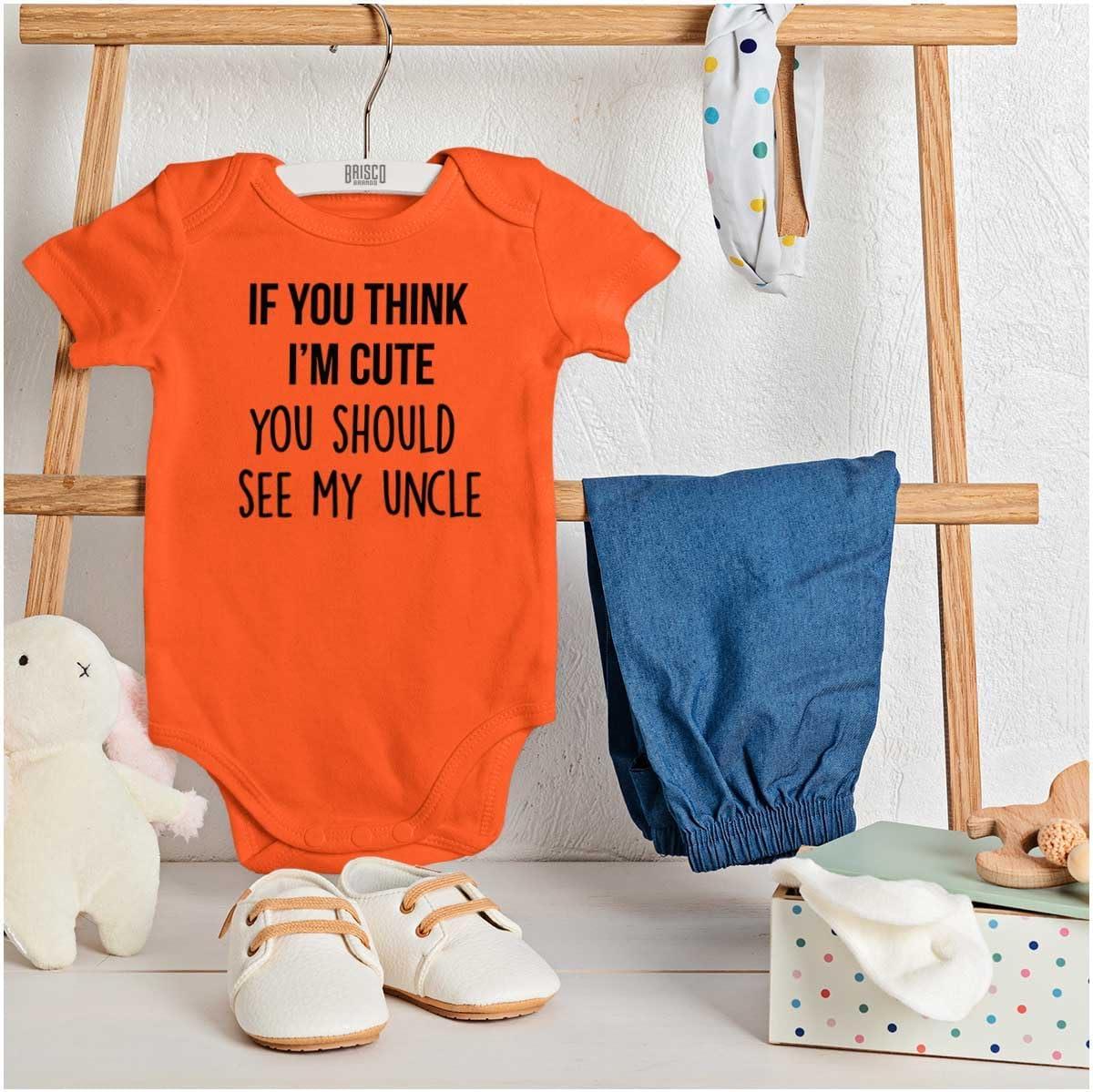 imageBrisco Brands Think Im Cute See My Uncle Baby Romper Boys or GirlsOrange