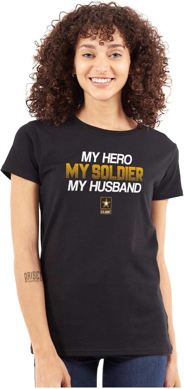 imageUS Army Logo My Husband Hero Soldier Womens Slim Fit Graphic TeeBlack