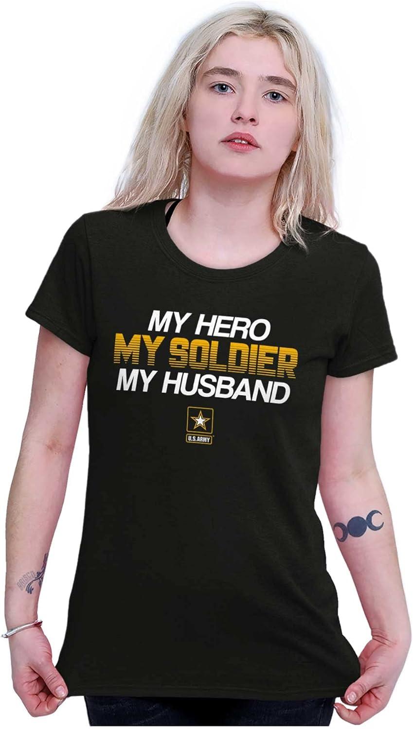 imageUS Army Logo My Husband Hero Soldier Womens Slim Fit Graphic TeeBlack