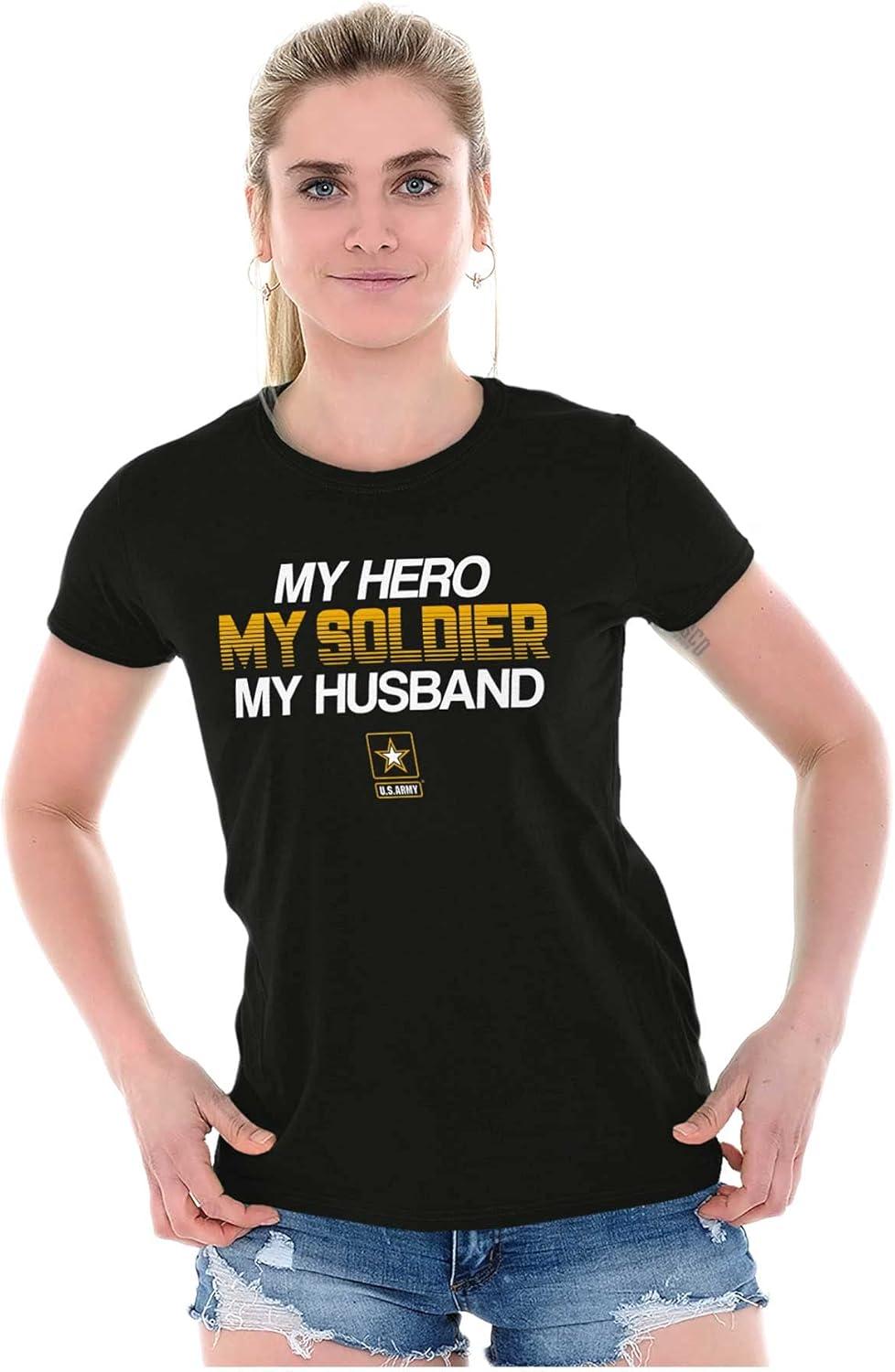 imageUS Army Logo My Husband Hero Soldier Womens Slim Fit Graphic TeeBlack