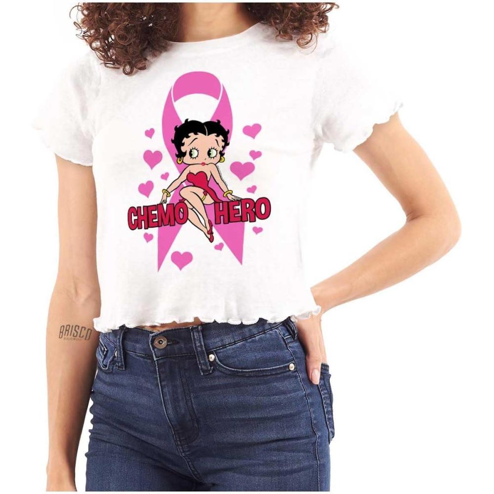 imageBetty Boop Breast Cancer Chemo Hero Womens Lettuce Trim Crop TopWhite