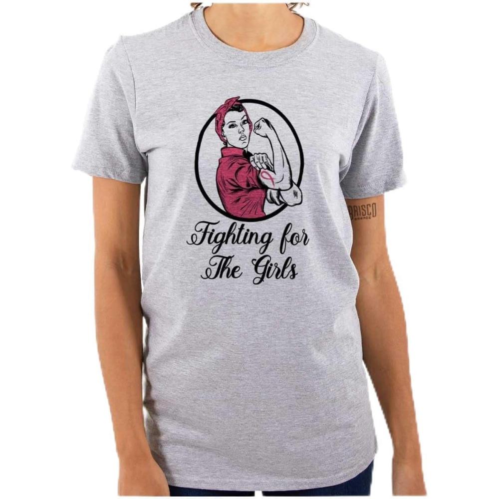 imageBrisco Brands Breast Cancer Fighter Rosie Riveter Womens Graphic T Shirt TeesSport Grey