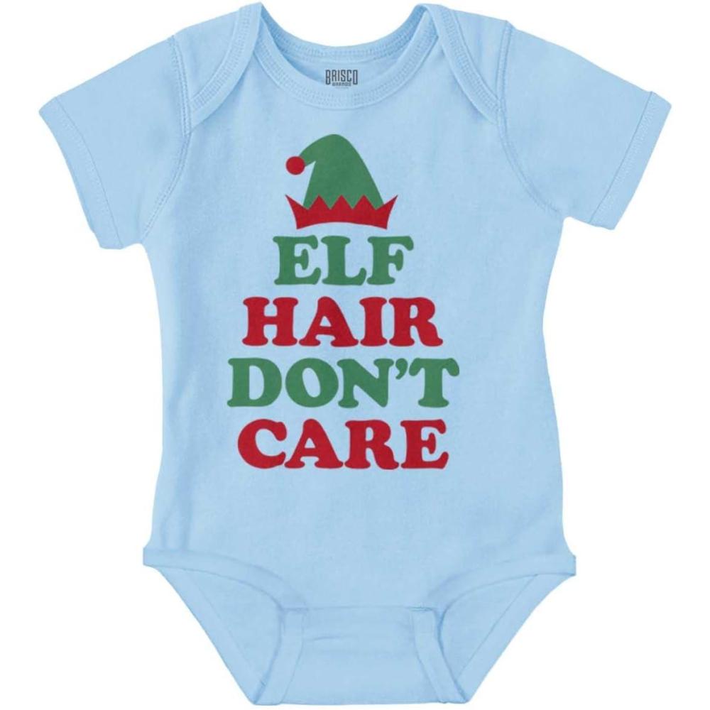 imageBrisco Brands Christmas Elf Hair Dont Care Baby Romper Boys or GirlsLight Blue