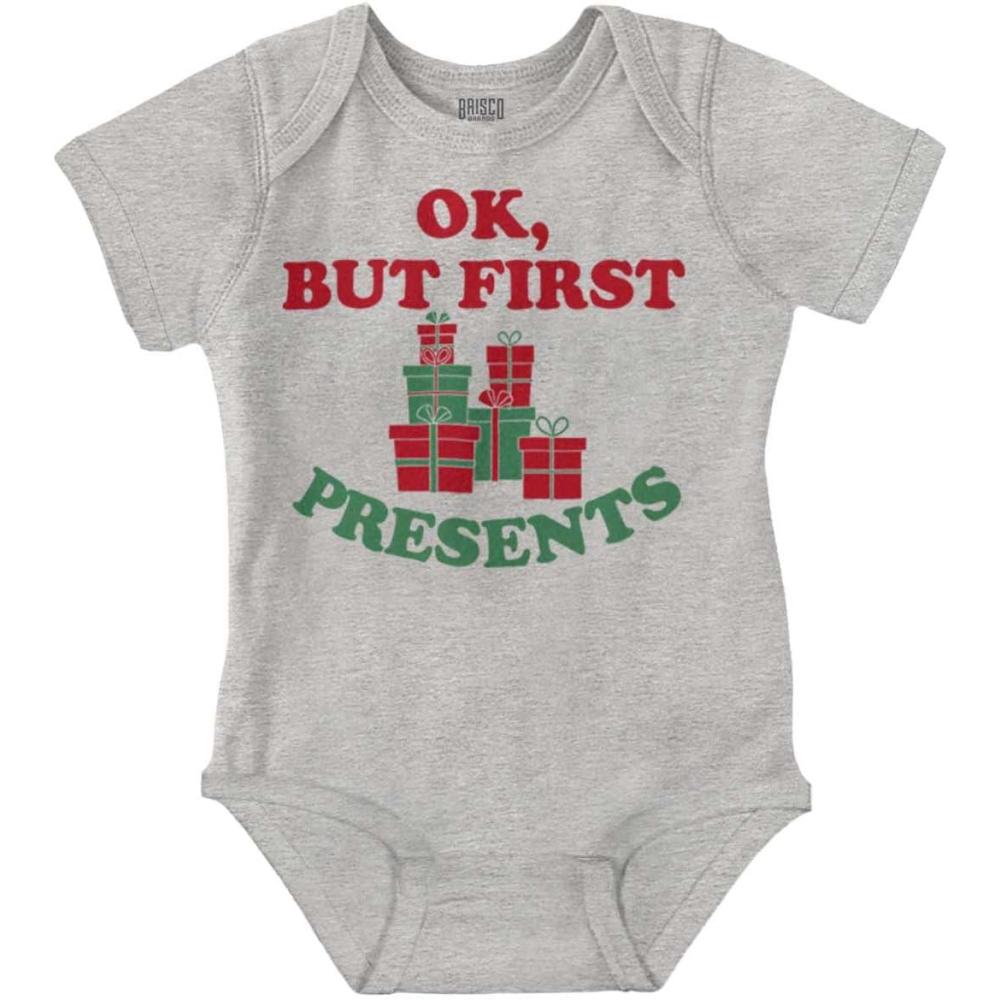 imageBrisco Brands Christmas Ok But First Presents Baby Romper Boys or GirlsHeather