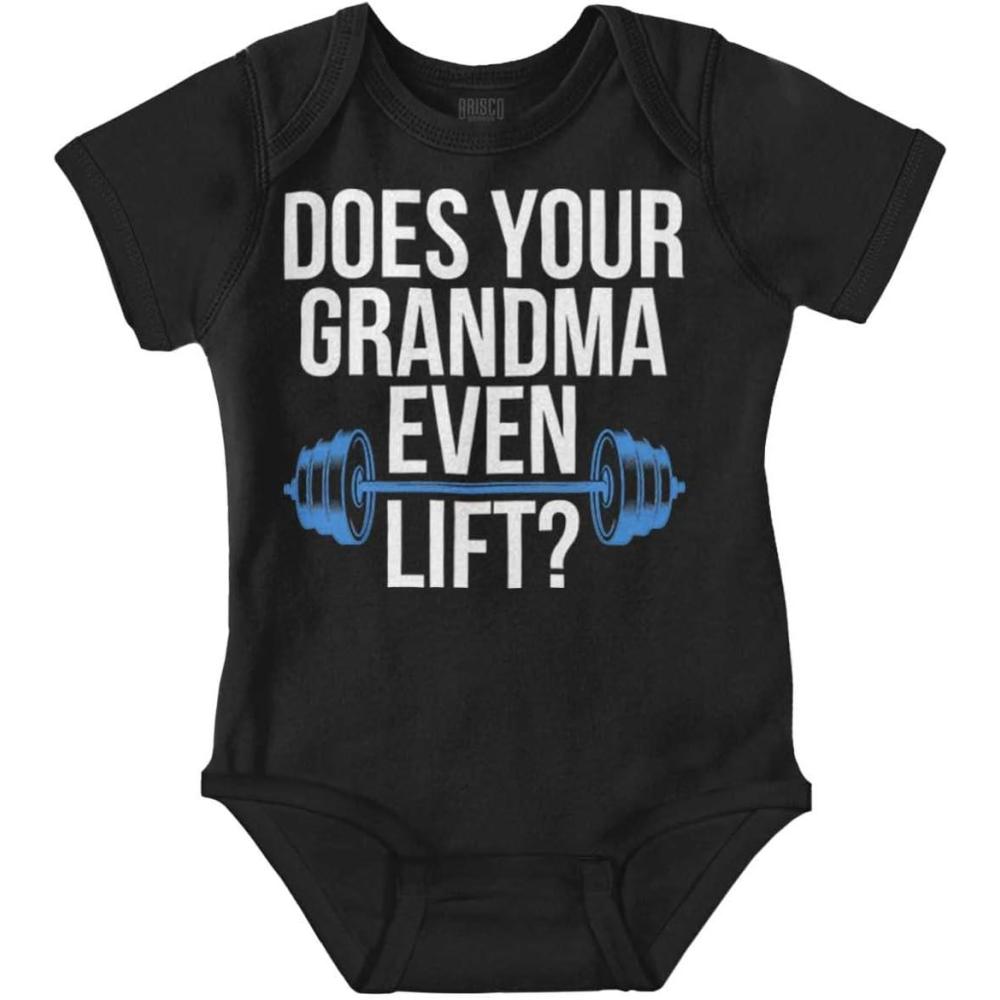 imageBrisco Brands Does Your Grandma Even Lift Exercise Baby Romper Boys or GirlsBlack