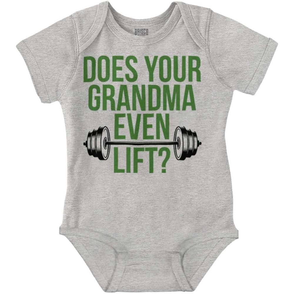 imageBrisco Brands Does Your Grandma Even Lift Exercise Baby Romper Boys or GirlsHeather