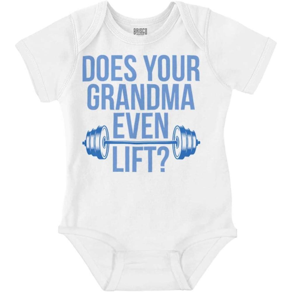 imageBrisco Brands Does Your Grandma Even Lift Exercise Baby Romper Boys or GirlsWhite