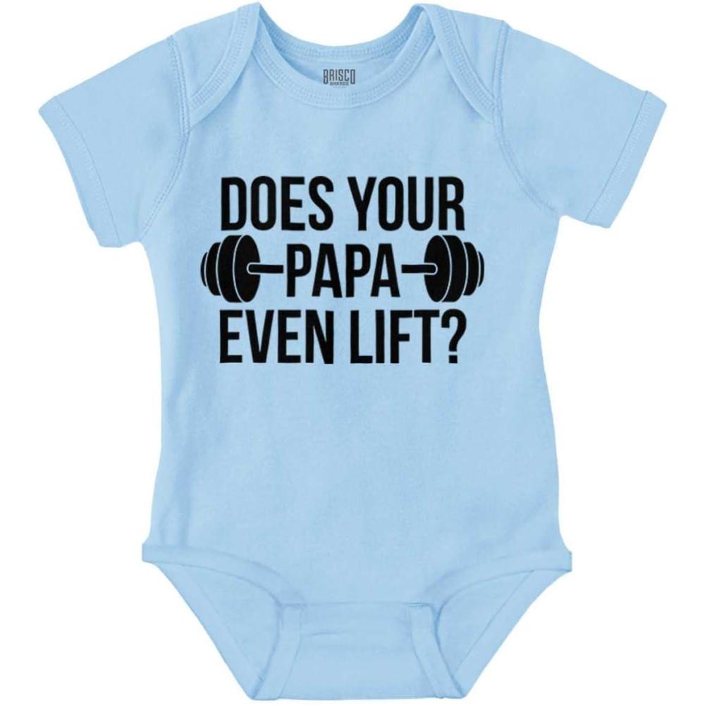 imageBrisco Brands Does Your Papa Even Lift Gym Workout Baby Romper Boys or GirlsLight Blue