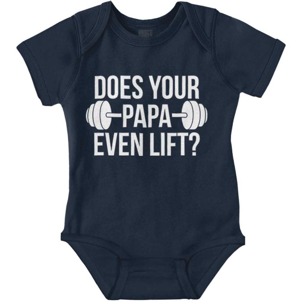 imageBrisco Brands Does Your Papa Even Lift Gym Workout Baby Romper Boys or GirlsNavy