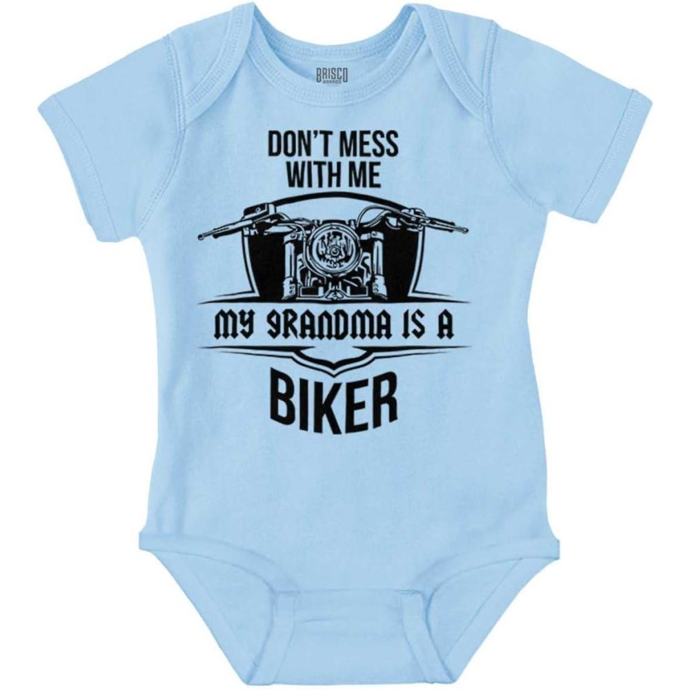 imageBrisco Brands Dont Mess With Me Grandma is a Biker Baby Romper Boys or GirlsLight Blue