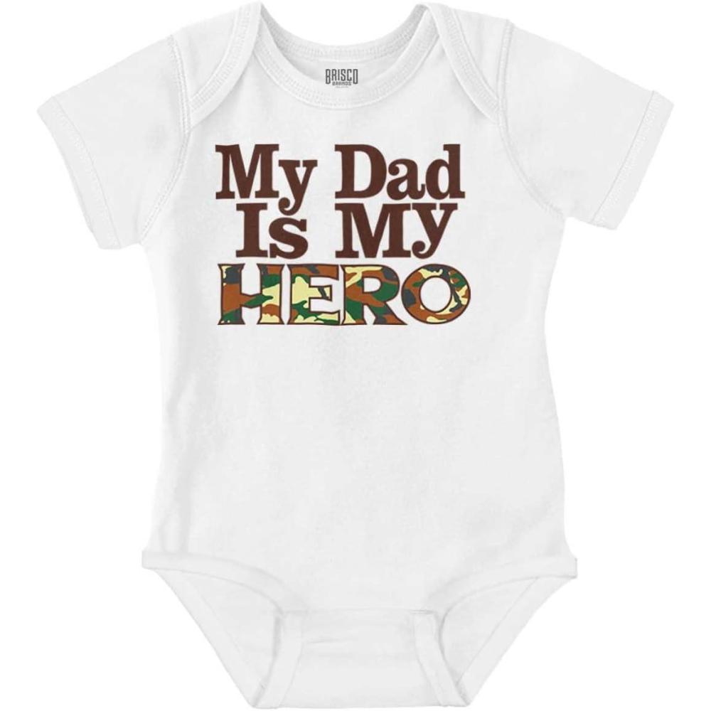 imageBrisco Brands Fathers Day My Dad is My Hero Camo Baby Romper Boys or GirlsWhite