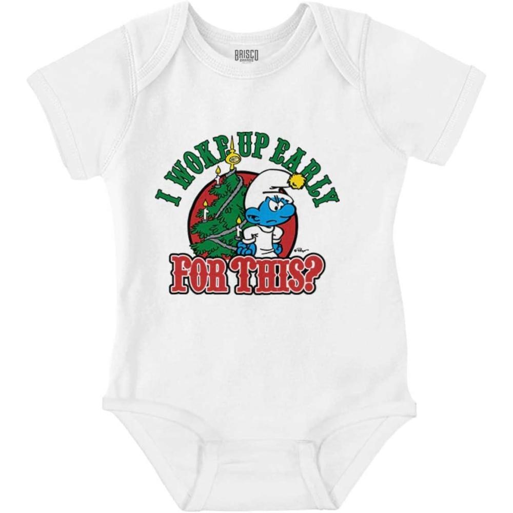 imageBrisco Brands Grumpy Smurf Christmas Xmas Tree Baby Romper Boys or GirlsWhite