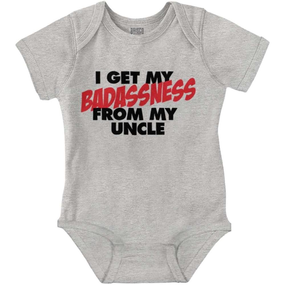 imageBrisco Brands I Get My Badassness From My Uncle Baby Romper Boys or GirlsHeather