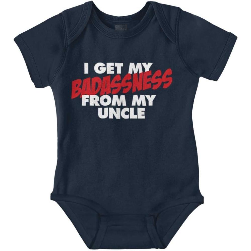 imageBrisco Brands I Get My Badassness From My Uncle Baby Romper Boys or GirlsNavy