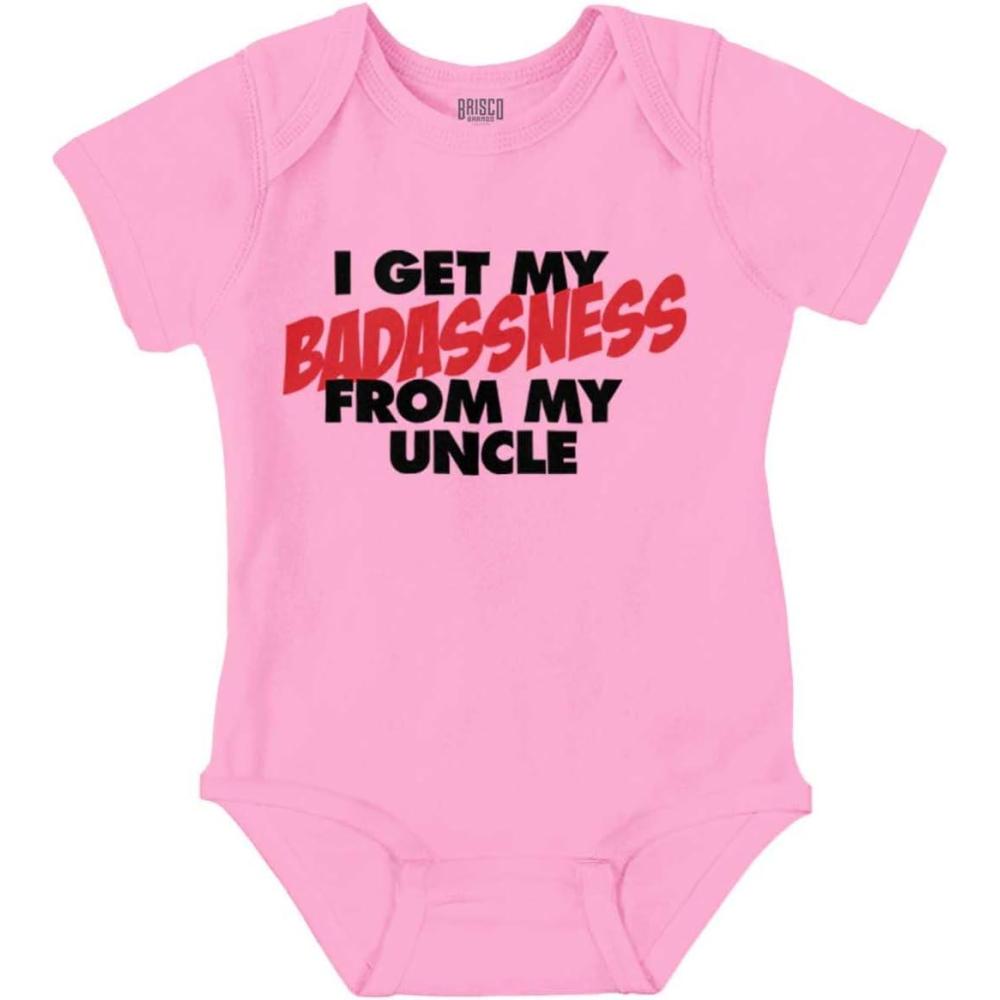 imageBrisco Brands I Get My Badassness From My Uncle Baby Romper Boys or GirlsPink