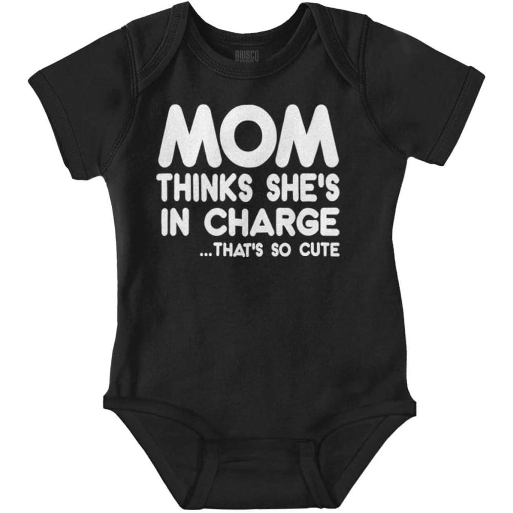 imageBrisco Brands Mom Thinks Shes in Charge Funny Baby Romper Boys or GirlsBlack