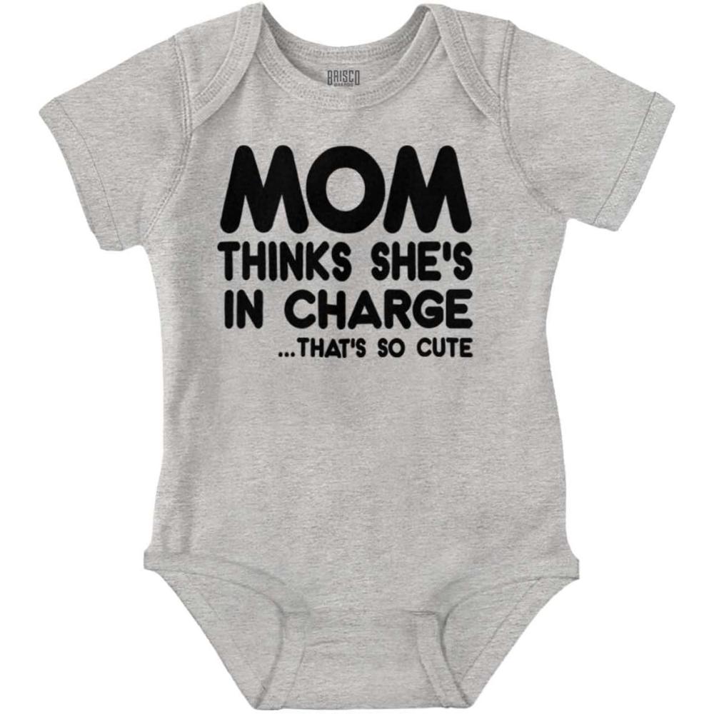 imageBrisco Brands Mom Thinks Shes in Charge Funny Baby Romper Boys or GirlsHeather