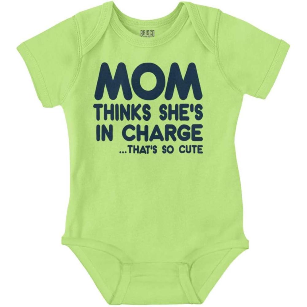 imageBrisco Brands Mom Thinks Shes in Charge Funny Baby Romper Boys or GirlsKey Lime