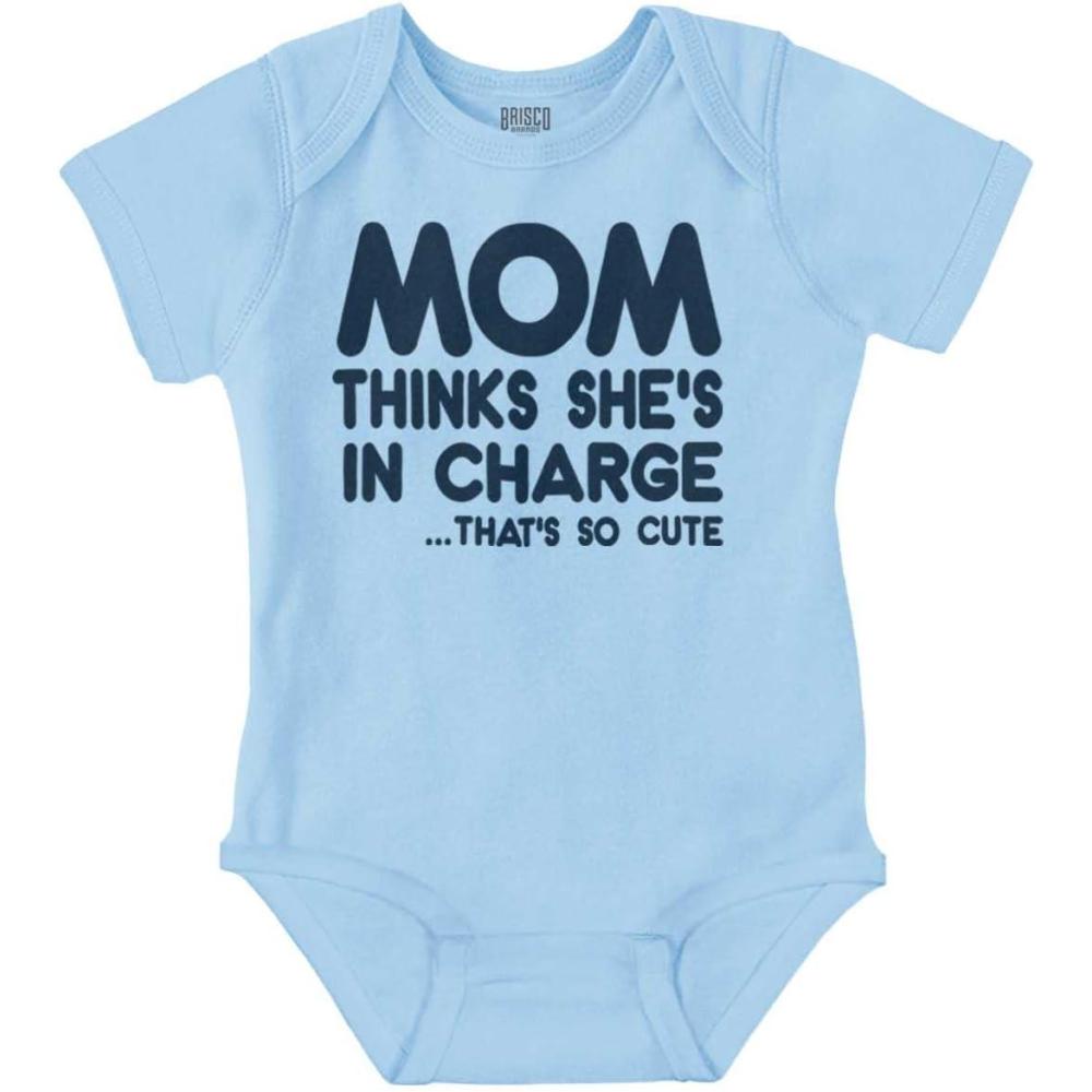 imageBrisco Brands Mom Thinks Shes in Charge Funny Baby Romper Boys or GirlsLight Blue