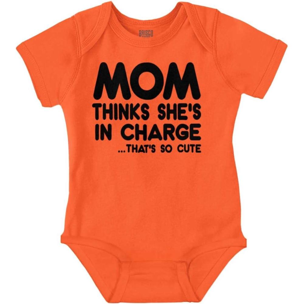 imageBrisco Brands Mom Thinks Shes in Charge Funny Baby Romper Boys or GirlsOrange