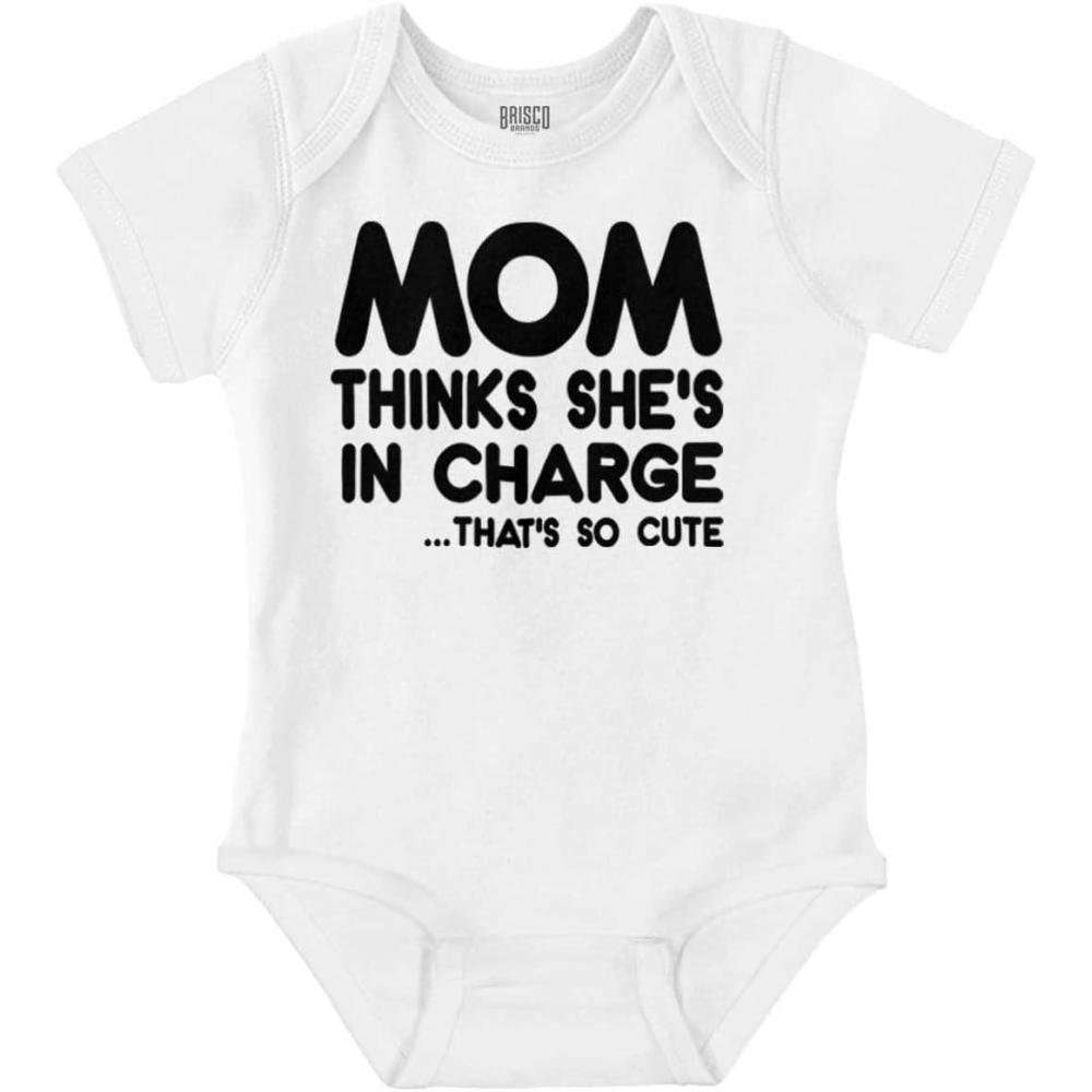 imageBrisco Brands Mom Thinks Shes in Charge Funny Baby Romper Boys or GirlsWhite