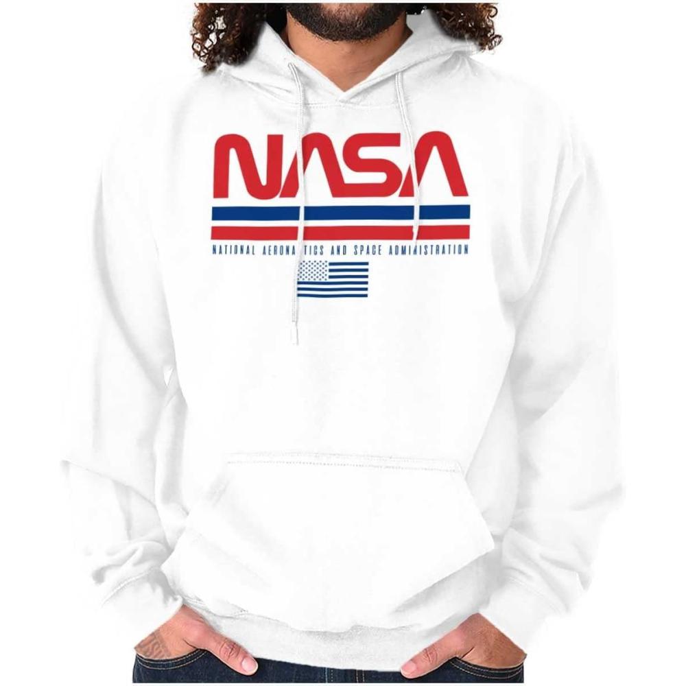 imageBrisco Brands NASA Retro Worm Logo American Flag Hoodie Sweatshirt Women MenWhite