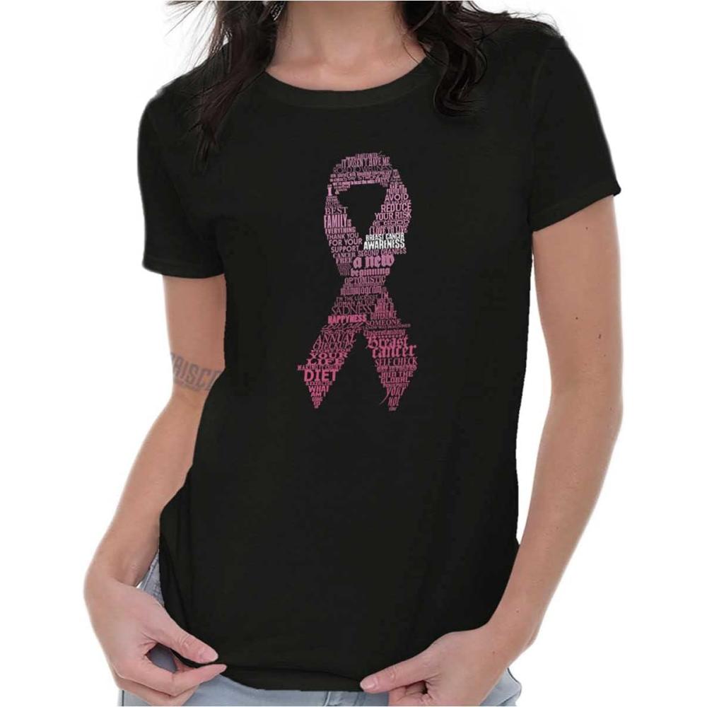 imageClassic Teaze Breast Cancer Thoughts Prayers Ribbon Womens Slim Fit Graphic TeeBlack