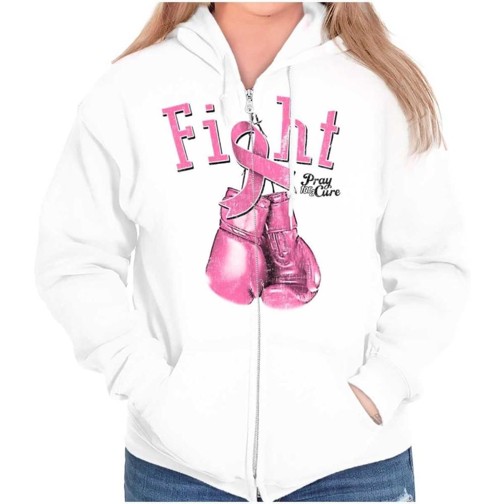imageClassic Teaze Fight Boxing Breast Cancer Warrior Zip Hoodie Sweatshirt WomenWhite