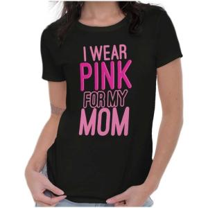 Brisco Brands Breast Cancer I Wear Pink for My Mom Womens Slim Fit Graphic Tee(Black)