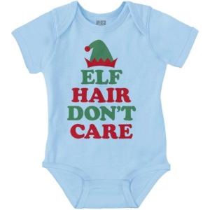 Brisco Brands Christmas Elf Hair Don’t Care Baby Romper Boys or Girls(Light Blue)