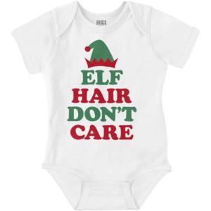 Brisco Brands Christmas Elf Hair Don’t Care Baby Romper Boys or Girls(White)