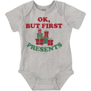 Brisco Brands Christmas Ok But First Presents Baby Romper Boys or Girls(Heather)
