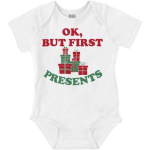 Brisco Brands Christmas Ok But First Presents Baby Romper Boys or Girls(White)