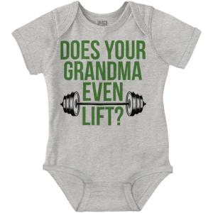 Brisco Brands Does Your Grandma Even Lift Exercise Baby Romper Boys or Girls(Heather)