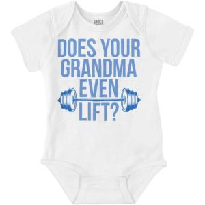 Brisco Brands Does Your Grandma Even Lift Exercise Baby Romper Boys or Girls(White)